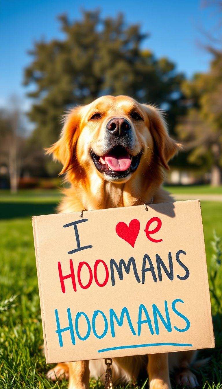 (A golden retriever dog) sitting upright and holding a (large cardboard sign in its mouth that says I LOVE HOOMANS in colorful, hand-written text), with a big, happy smile on its face. The dog is surrounded by a warm, sunlit park setting with lush green grass and a clear blue sky in the background.