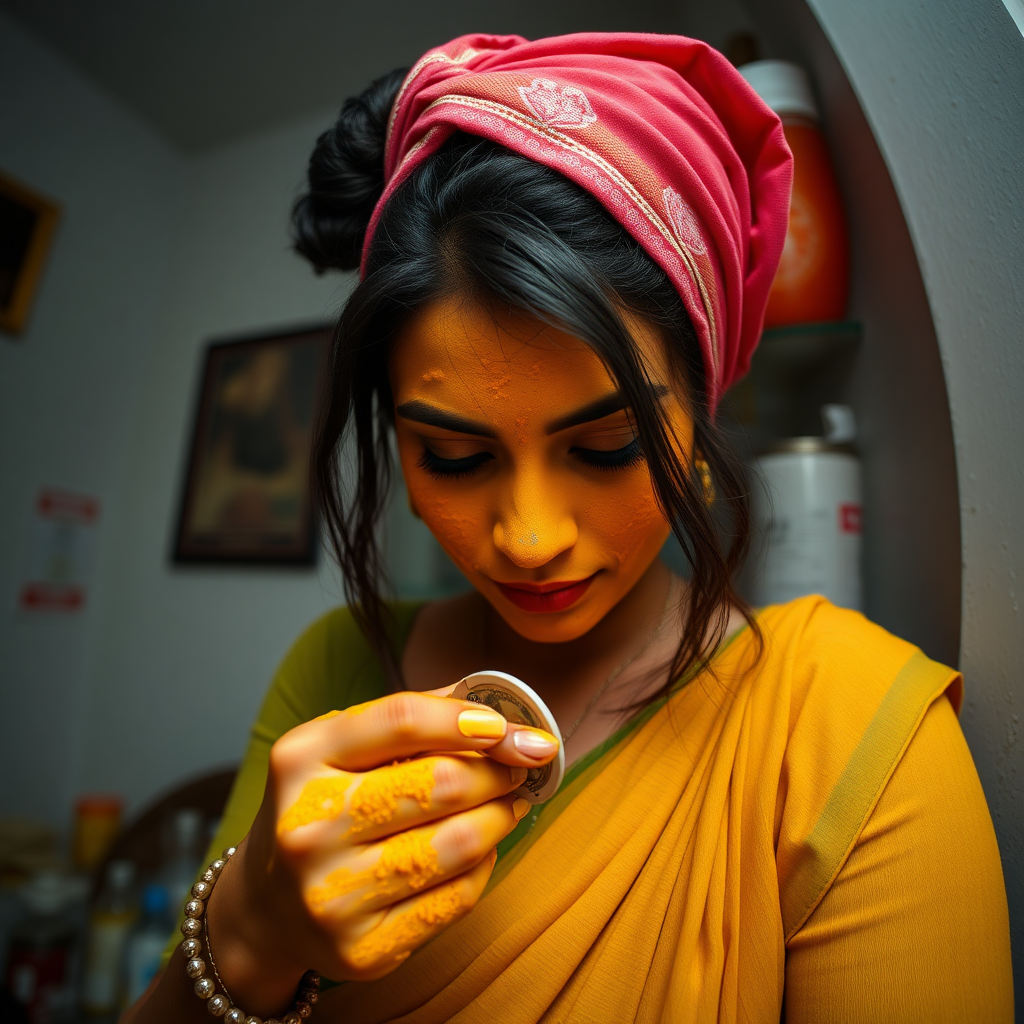 wide angle image of a slim, curvy, 30 year old indian maid with hair covering bun, her face is covered with turmeric mask. she is stealing money from wallet.