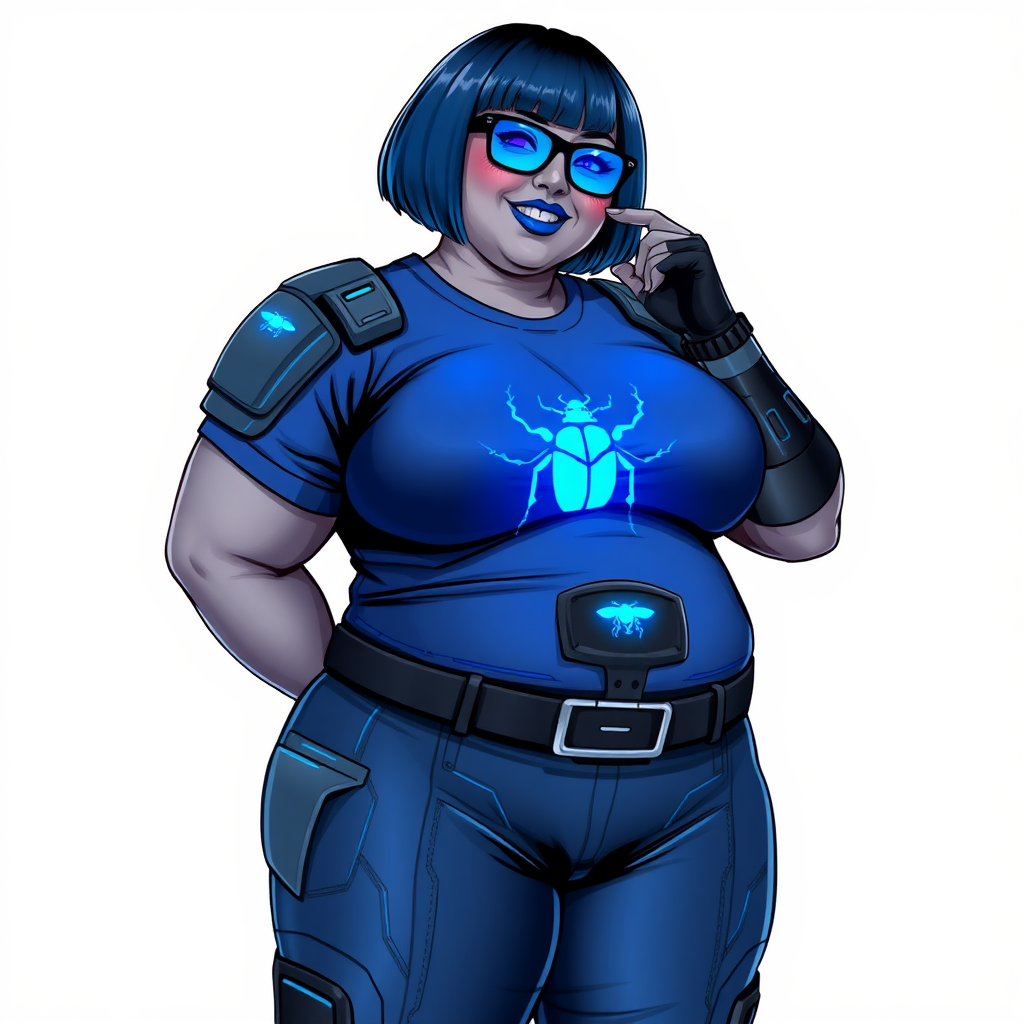 A 28-year-old, full-figured, middle gray (N5) skinned computer program hybrid with a maximum blue bob cut. She has a full-figured, non-athletic build, highlighted by a prominent, round, large midsection (with full emphasis on her large belly), which shows the effects of her new love of junk food acquired from her boyfriend. As the full-figured, nerdy, digital sidekick to her cyberpunk vigilante boyfriend, her metallic middle gray (N5) skin and maximum blue lipstick emphasize her digital nature. She wears a digital, computerized costume, consisting of a huge, tight-fitting, maximum blue t-shirt with a neon blue glowing chest icon of a beetle, hi-tech shoulder pads with neon blue accents, a black hi-tech belt with a maximum blue beetle digital buckle, digital maximum blue biker pants with neon blue accents, and black hi-tech biker gloves with neon blue glowing accents. Her neon blue glowing eyes, black eyeglasses with neon blue lenses equipped with a built-in HUD, and bashful smile with neon red blush accentuate her nerdiness. She stands bashfully with one hand behind her back and the other hand gently touching her cheek, her costume covering all her skin (including her large midsection) and heavily emphasizing her full-figured physique (especially her large belly). She is clearly non-athletic, with a full focus on her full-figured physique. Despite her full-figured build, she radiates beauty. She has a slim face compared to her physique, accentuating her radiant beauty. She is on a solid white background. She is drawn as if she were in a retro 2D cyberpunk fighting game. Ensure she has a metallic middle gray (N5) skin coloration.