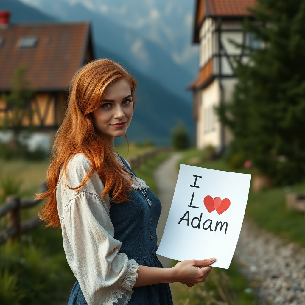 Photorealistic redhead woman standing in eastern European country holding the paper saying I love Adam.