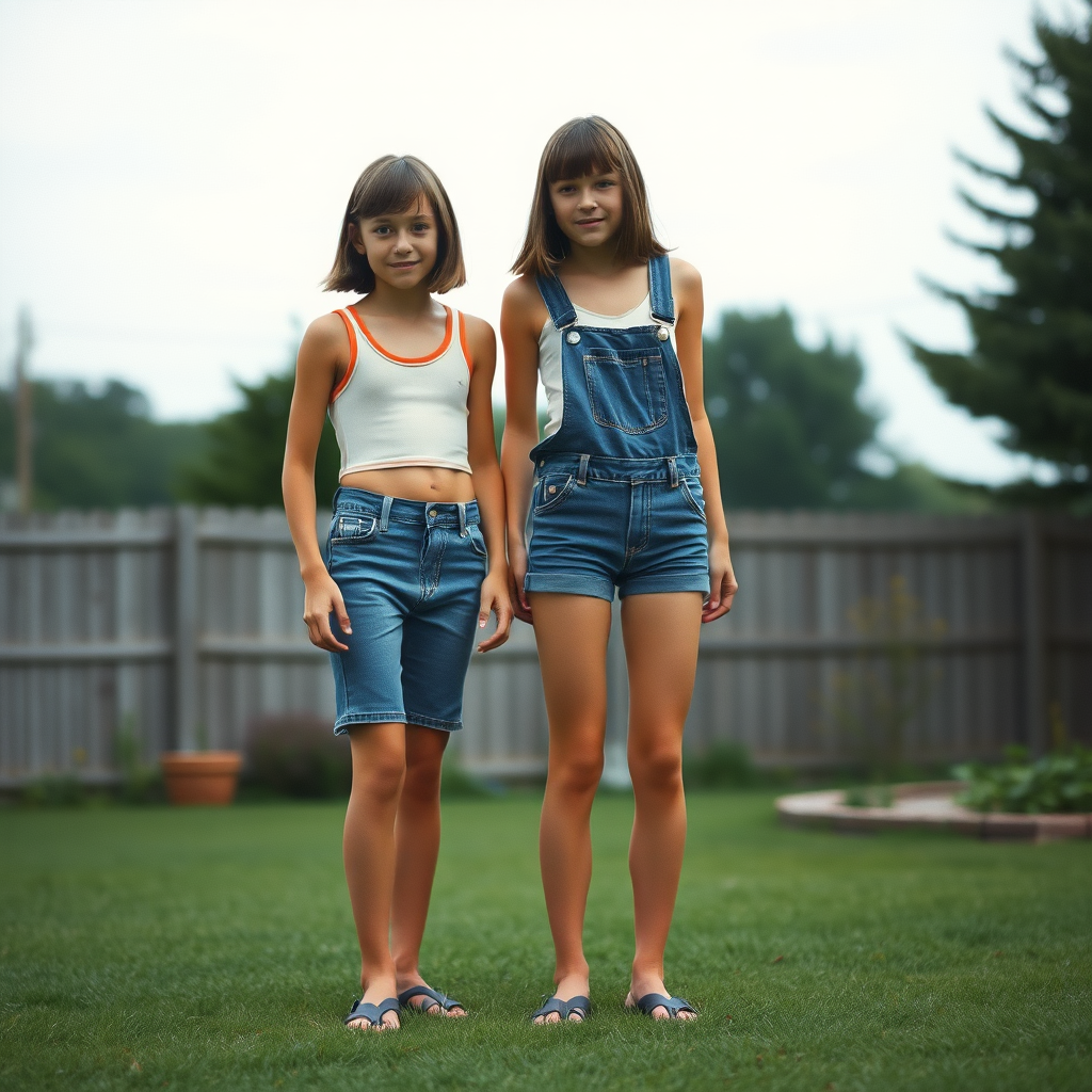 two tall 14yo teen boys, long hair bob cut, wearing crop tank top and very tight booty shorts or denim tight booty Shortall, long legs, narrow thighs, full-length front view. 1970s. Playing at backyard. photorealistic, ultra high resolution, 16K, Negative: grainy, blurry, bad anatomy, extra limbs, watermark.