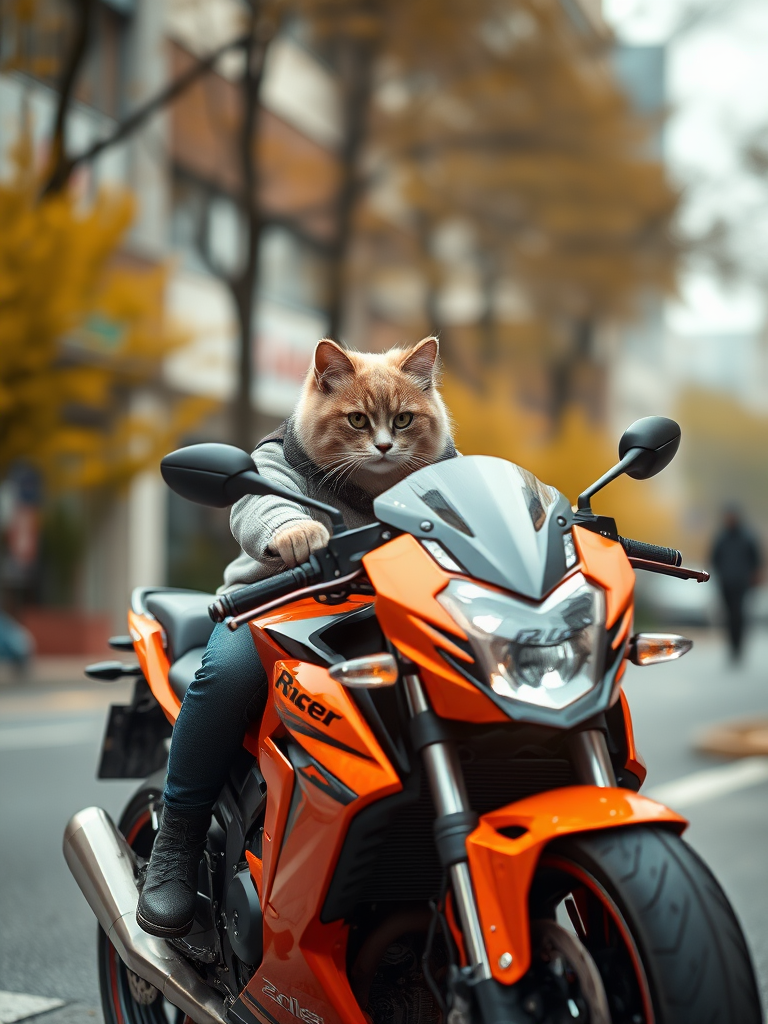 Character: A cat rides a superb 2050 model highly powerful motorcycle. Background: urban autumn street. Camera: the general plan, smooth camera impact on the character. --ar 9:16 --style raw --stylize 300 --v 6.1