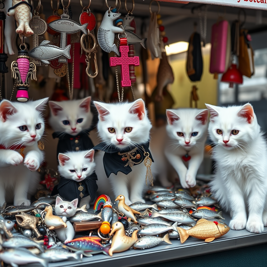 A street stall staffed by white kittens filled with kitschy keychains for tourists in Berlin, cats, Catholic, vampire, cross, tacky, rainbow, raining, weird, post-apocalypse, fish.