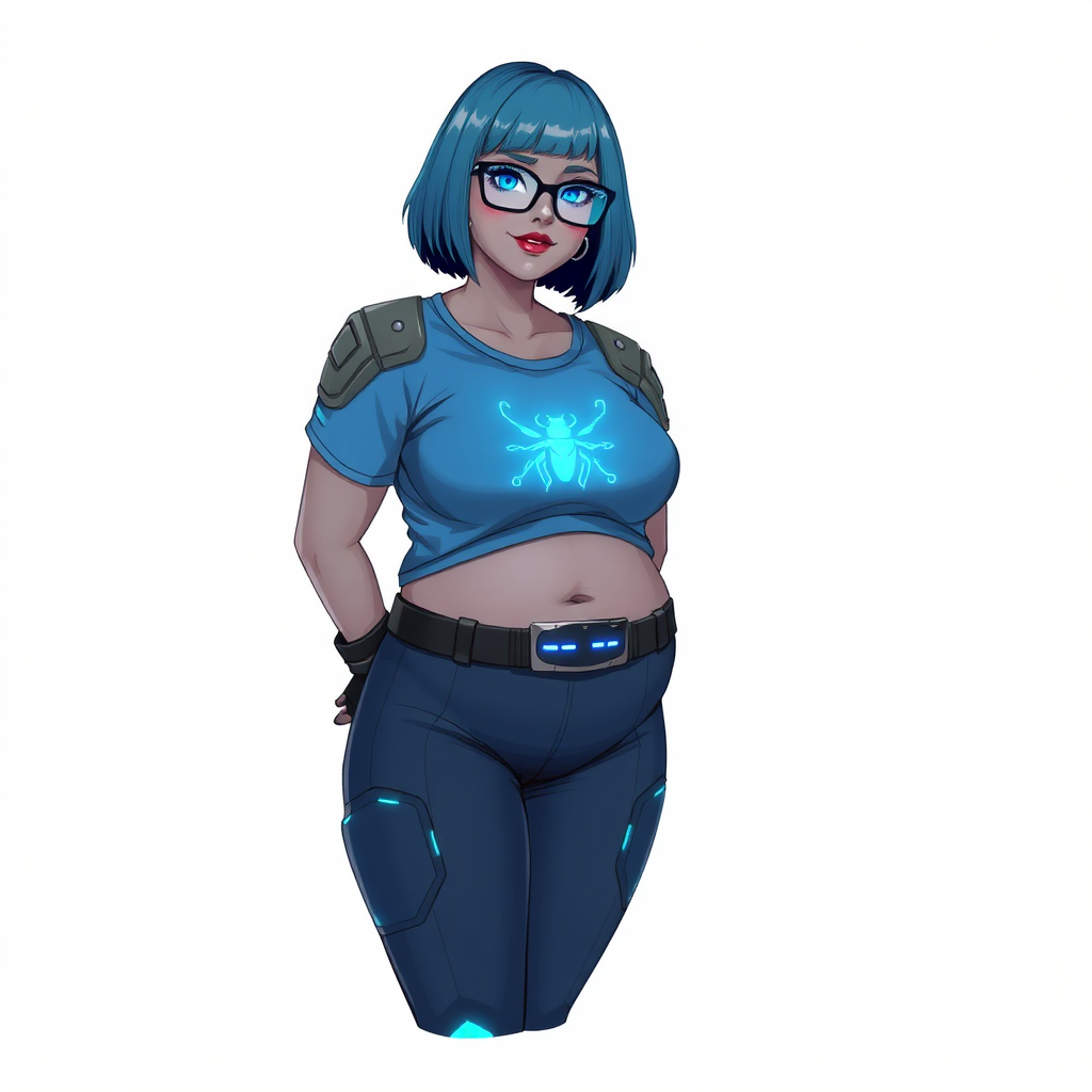 A 28-year-old, full-figured, middle gray skinned computer program hybrid with a maximum blue bob cut. She has a non-athletic build, highlighted by a prominent, round, large midsection (with emphasis on her belly), which shows the aftermath of her pampering. As the heavily pampered digital sidekick to her cyberpunk vigilante boyfriend, her middle gray metallic skin and maximum blue lipstick emphasize her digital nature. She wears a digital, computerized costume consisting of a huge, tight-fitting, maximum blue t-shirt with a neon blue glowing chest icon of a beetle, hi-tech shoulder pads with neon blue accents, a black hi-tech belt with a digital neon blue glowing buckle, digital maximum blue biker pants with neon blue accents, and black hi-tech fingerless biker gloves with neon blue glowing accents. Her neon blue glowing eyes, black eyeglasses with a neon blue glowing HUD built in its lenses, and shy smile with neon red blush accentuate her nerdiness. She stands bashfully with her hands behind her back, her costume covering all her skin and emphasizing her full-figured physique (especially her belly). She is clearly non-athletic, with a focus on her full-figured physique. Despite her build, she radiates beauty. She has a slim face compared to her physique, accentuating her radiant beauty. She is on a solid white background. She is drawn as if she was in a retro 2D cyberpunk fighting game.