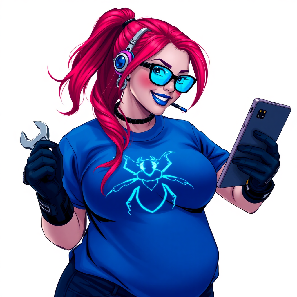 A full-sized, intelligent and tech-savvy 28-year-old computer hacker and tech genius. She has a long ruby red ponytail. She wears maximum blue lipstick, blue eyes, a sapphire beetle gemstone necklace, sapphire earrings, black eyeglasses, hi-tech power gloves, and a gigantic oversized maximum blue t-shirt featuring a neon blue glowing beetle chest icon. She has a full-figured physique with a gargantuan, round midsection, reflecting her well-cared-for lifestyle. She sports a sapphire headset with a hi-tech maximum turquoise lensed HUD, and a beaming smile accentuated by a passionate neon red blush. She serves as his tech expert from his hideout, holding a futuristic tool wrench and a futuristic digital tablet. The background is solid white. She is drawn as if she was in a retro 2D cyberpunk fighting game.