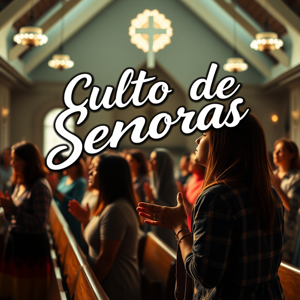 a banner with an image of several women praying in an evangelical church and on the top of the banner has a stylized title written "Culto de Senhoras", digital art style, ultra detailed, cinematic lights, high quality, 8k