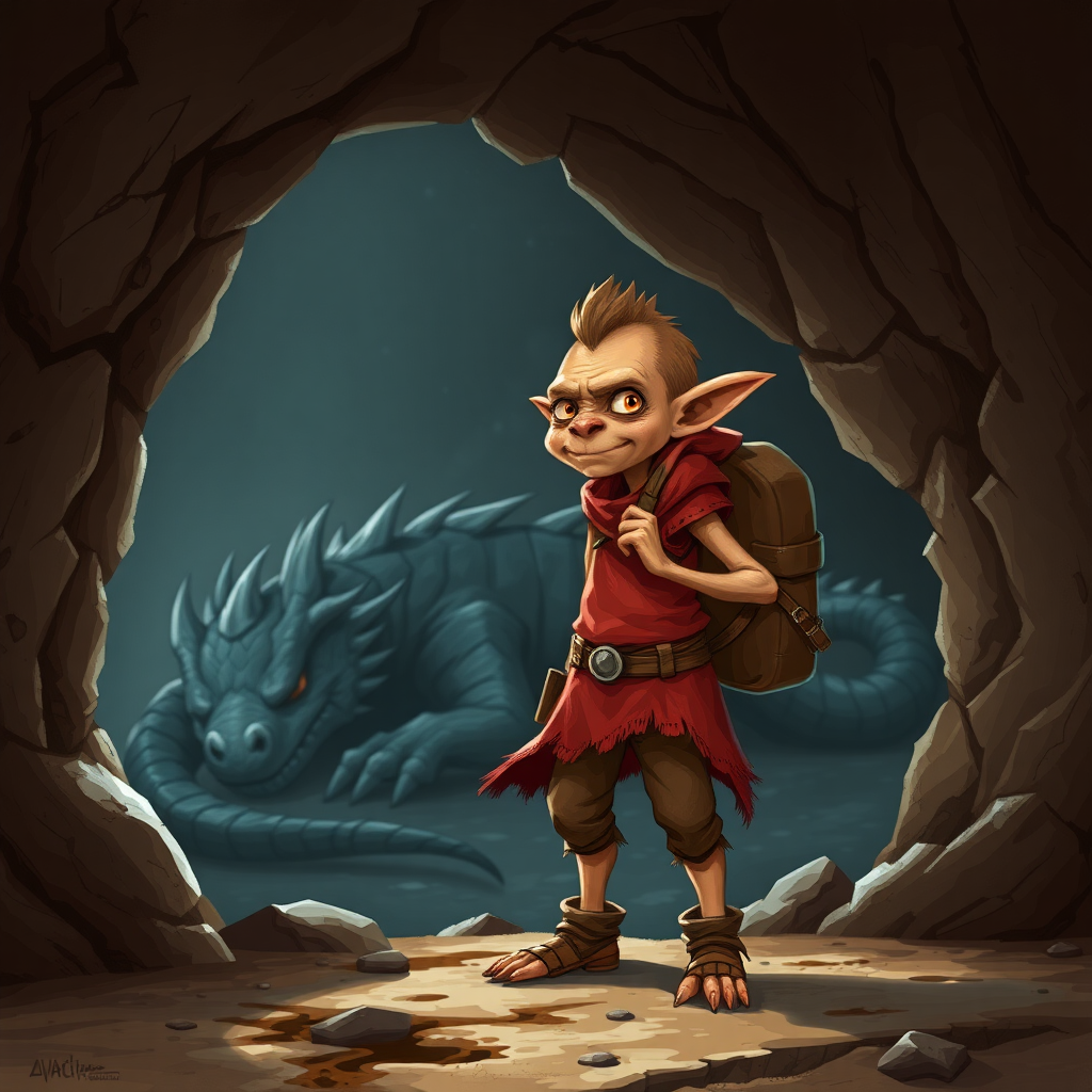 A dungeons and dragons style small, skinny, light brown, kobald monster in a tattered red tunic and dirty brown pants wearing a backpack on his back who is excited to see a large sleeping dragon in a cave