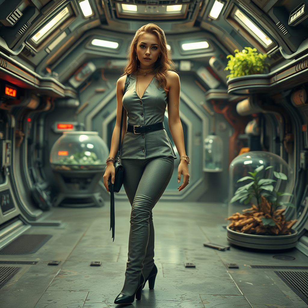 A full body shot of a pretty twenty-something female with a face resembling (Ana de Armas). Elegant futuristic clothing, cyberpunk 2077, space station, food terrarium, high heel ankle boots, collar, purse and jewelry. Hyper-realistic, Photorealistic digital matte painting, soft focus, film grain, lens flare. Gritty, dirty, scuffed.