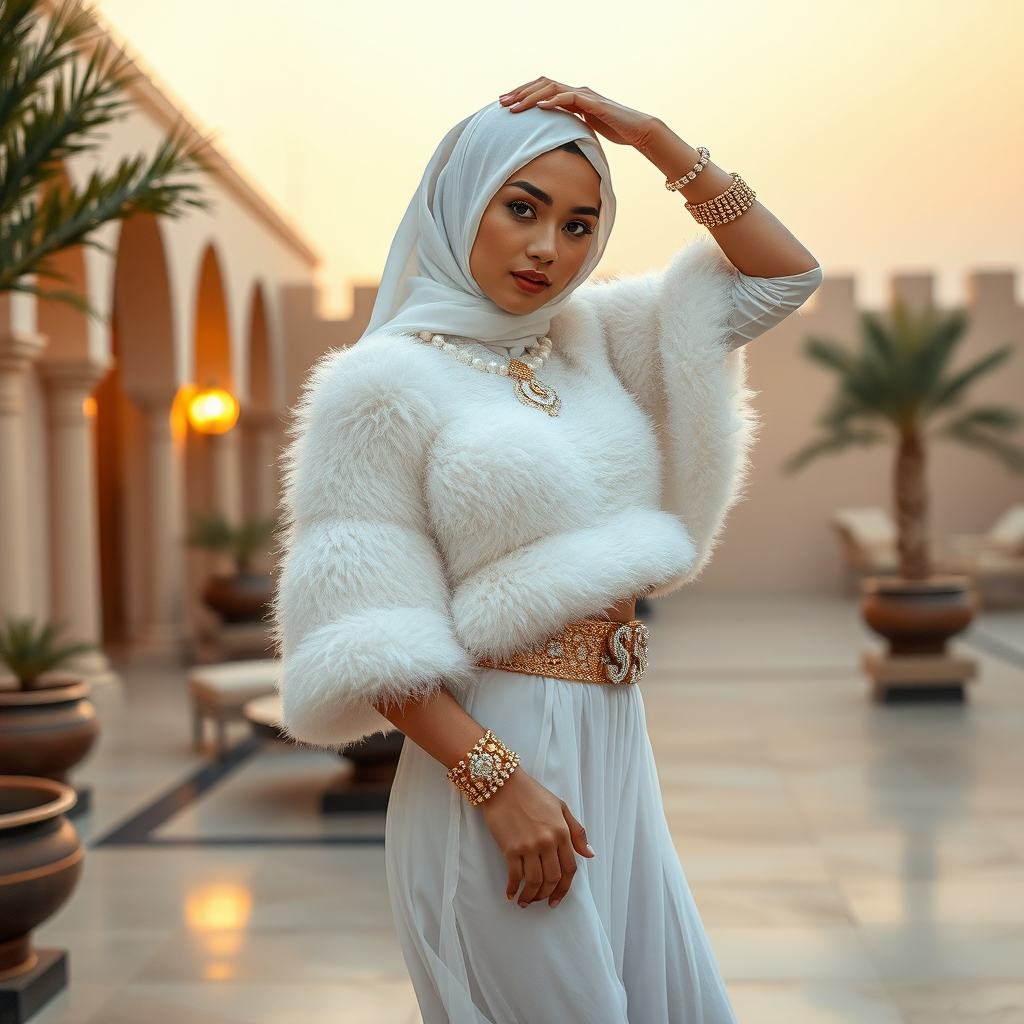 Kuwait desert palace harem patio misty dawn: Melissa, European 17 years old very convincing femboy “trophy-bimbo”, tamed servile docile, very beautiful feminine flawless face, rather short, by hormones very curvaceous womanly figured, heavily made-up eyes, wearing Supertanya-style fluffy very fuzzy bright white angora turtleneck-poncho cropped ending under bust decorated with pearls and gemstones, striking oriental wide gold bridal protection belt, white fully transparent harem pants, full Oriental bridal jewelry, face covered by white sheer full Burka, coin anklets, striking diamond “$$$” letter brooch on left chest, pout frustrated, seductively dancing for the sheik, hands high over her head, looking at camera. Full side view.