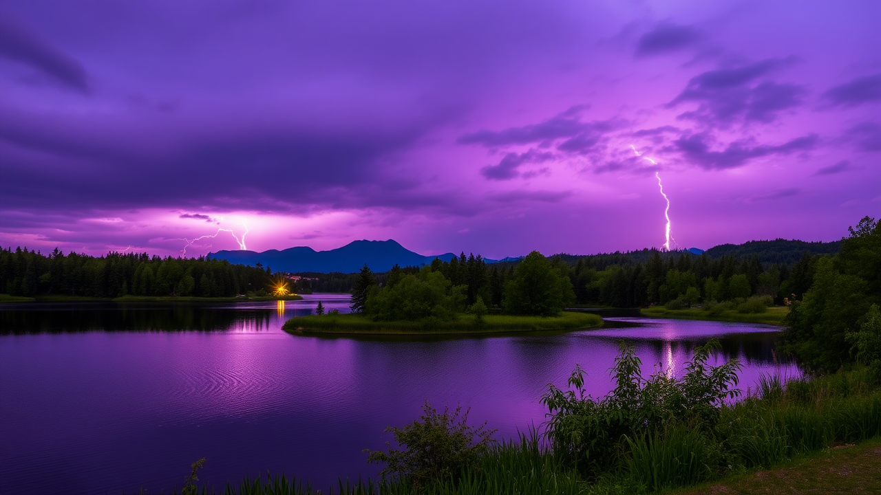 photo,lakes,nature,purple sky,lightning