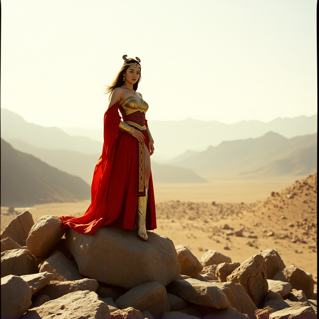 The Wonder Woman in Hanfu, the Chinese mythological figure Chang'e wearing JK costume, on top of rocks in the desert, surrounded by mountains, cinematic, beautiful light and shadow, minimalist photography, Kodak film, rule of thirds, style raw