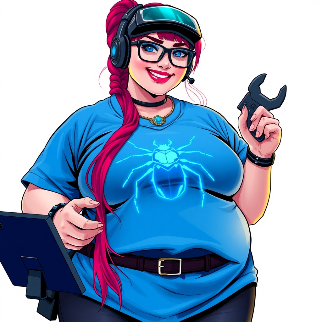 A cyberpunk vigilante’s fat intelligent and tech-savvy 29-year-old girlfriend, who is a computer hacker and tech genius. She has a long ruby red ponytail and bright blue eyes. She wears a sapphire beetle gemstone necklace, and an oversized maximum blue t-shirt featuring a giant neon blue glowing icon of a beetle on its chest. She has a full-figured physique with a prominent, gargantuan, round midsection, reflecting her well-cared-for lifestyle. The midsection is heavily emphasized. She sports a sapphire headset with hi-tech maximum turquoise lensed HUD visor, black eyeglasses, and a beaming smile with a passionate bright red blush. Despite her figure and a lack of self-esteem, she radiates an air of beauty. She has an angular face which contributes to her radiant beauty. She serves as his tech expert from his hideout, holding a holographic tablet and a hi-tech tool wrench. The background is solid white. She is drawn as if she was in a retro 2D cyberpunk fighting game. Make sure her shirt covers her round midsection.