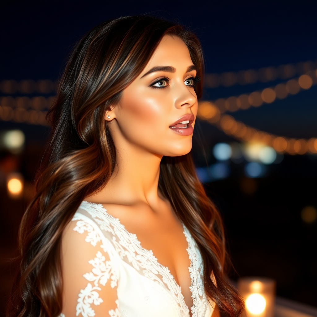 a young woman singing. long brunette hair with highlights, bright blue eyes. suntanned skin. small lips colored pale rose. looking to the side. wearing an elegant long white dress with transparent lace. view from far. night sky in background. photo