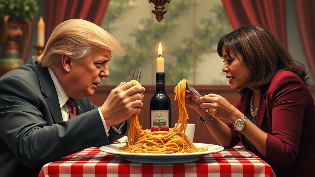 Photoreal style. ratio: 16:9. Donald Trump and Kamala Harris eating in an Italian restaurant a la the one in 'Lady and the Tramp.' Checkered tablecloth, Chianti bottle used as a candle holder. No forks. Both humans are eating spaghetti from one shared plate with their hands, and end up eating the same piece of spaghetti, making their heads meet.