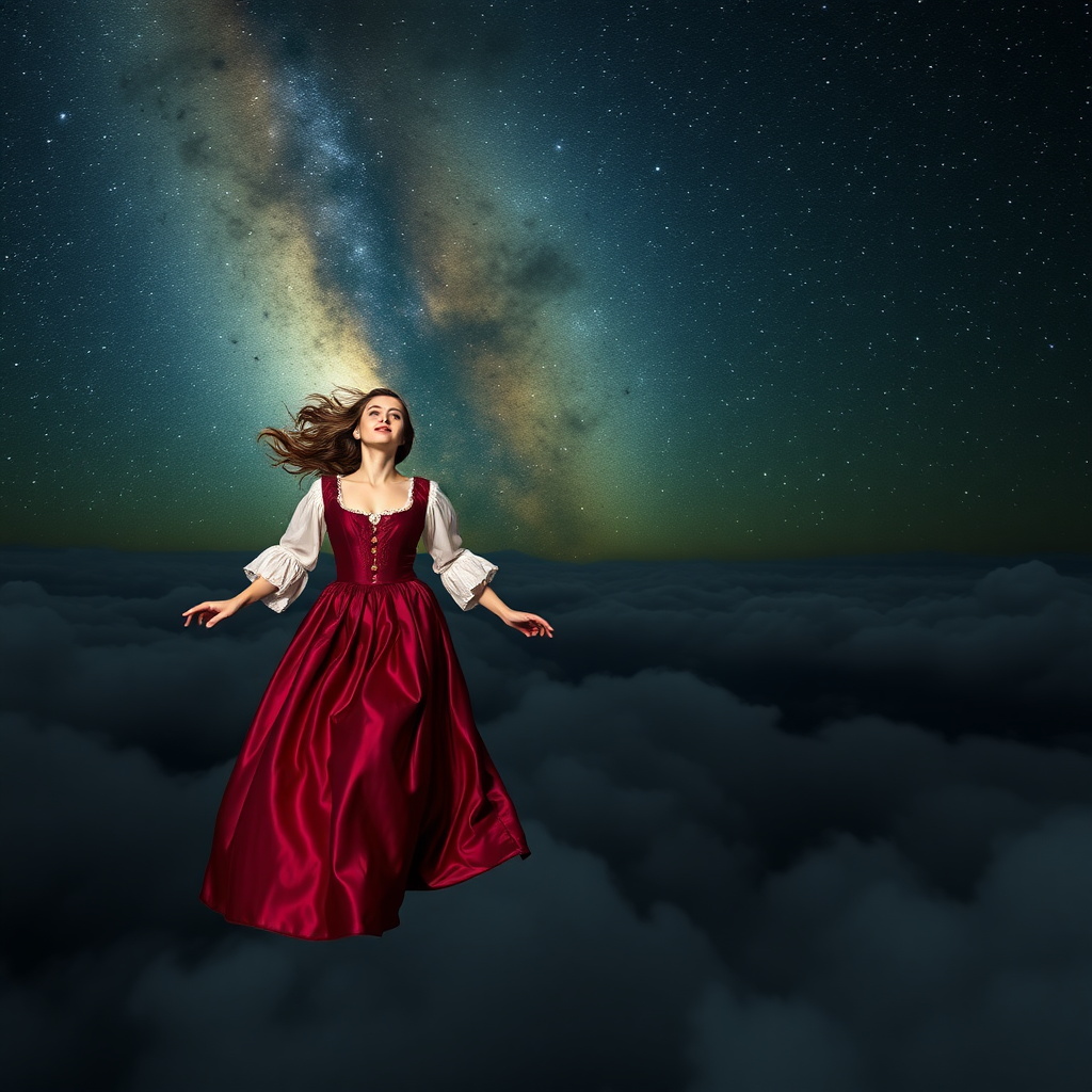 TWO MAN AND WOMAN DRESSED IN MEDIEVAL DRESS FLOATING IN A NIGHT GALACTIC LANDSCAPE AMONG THE CLOUDS