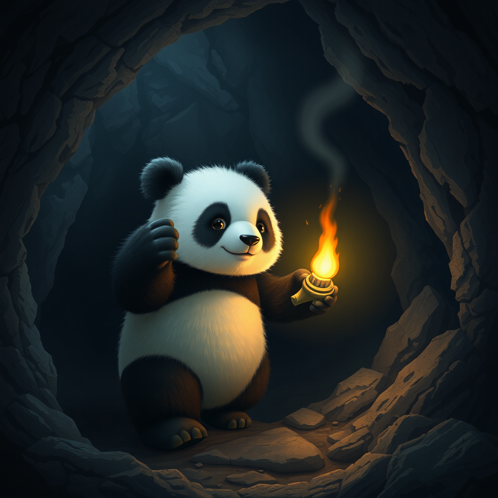 A photorealistic picture of a panda holding a torch while exploring a dark cave.