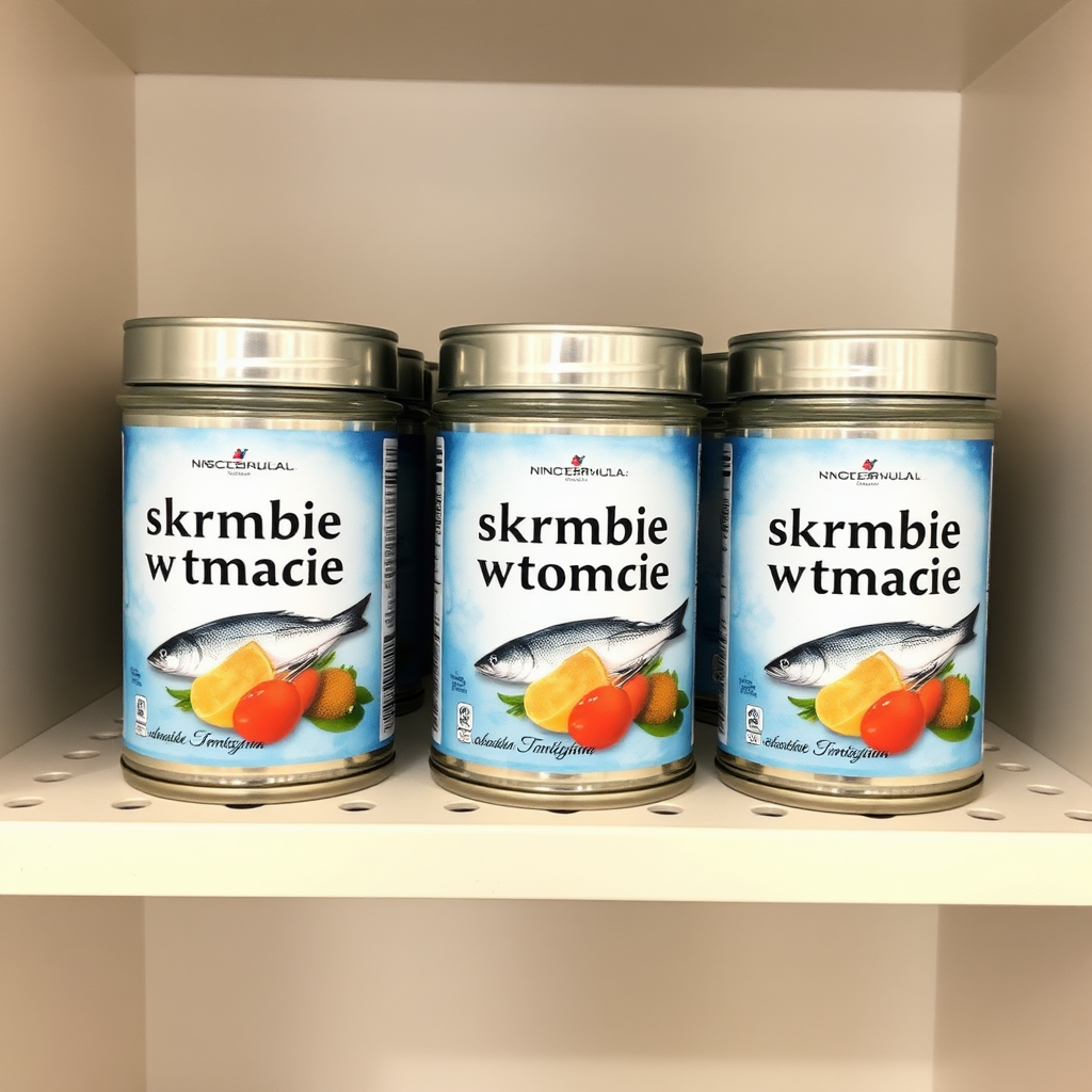 a small shelf with cans that have an image of fish on the label and text saying "skrumbie w tomacie", the text should be "skrumbie w tomacie", with no errors, skrumbie w tomacie, skrumbie w tomacie, skrumbie w tomacie