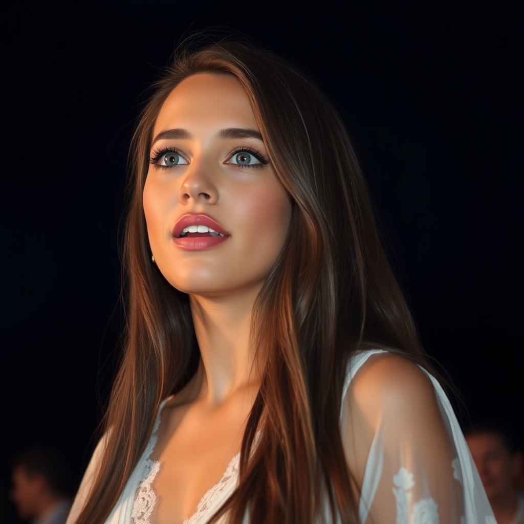 a young woman singing. she is looking like lucy thomas. long brunette hair with highlights, small pale blue eyes. suntanned skin. small lips with pale red lipstick. looking to the side. wearing a long white dress with transparent lace. view from far. night sky in background. photo