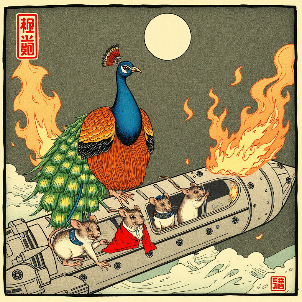 A peacock saving well-dressed rats from a burning spaceship, Chinese woodcut,