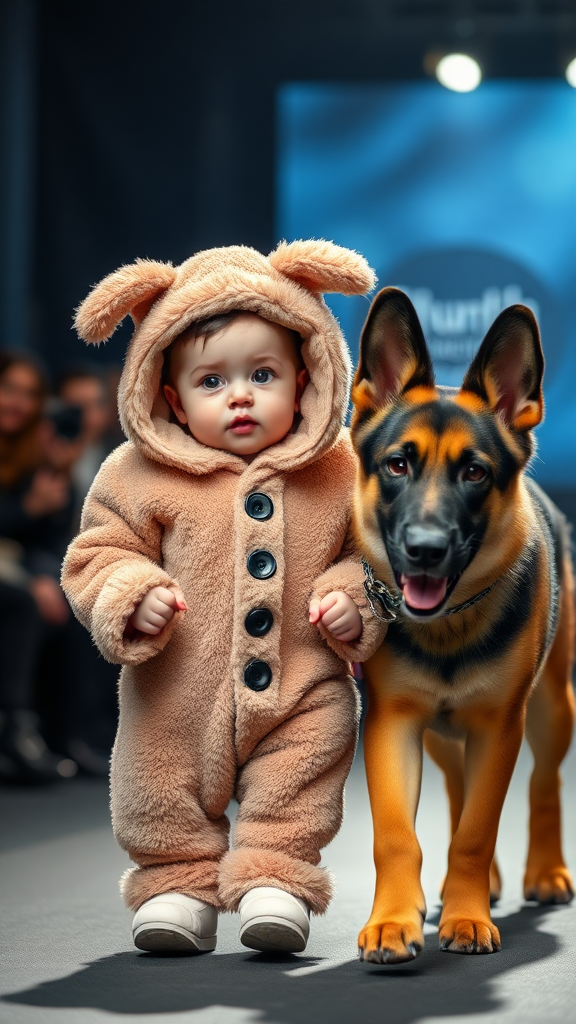 A cute small chubby fair baby with big eyes, pink lips, and pink cheeks, wearing a furry cozy dog costume, doing a ramp walk in a fashion show, walking alongside a real German Shepherd dog while holding the dog's collar chain. Cinematic.