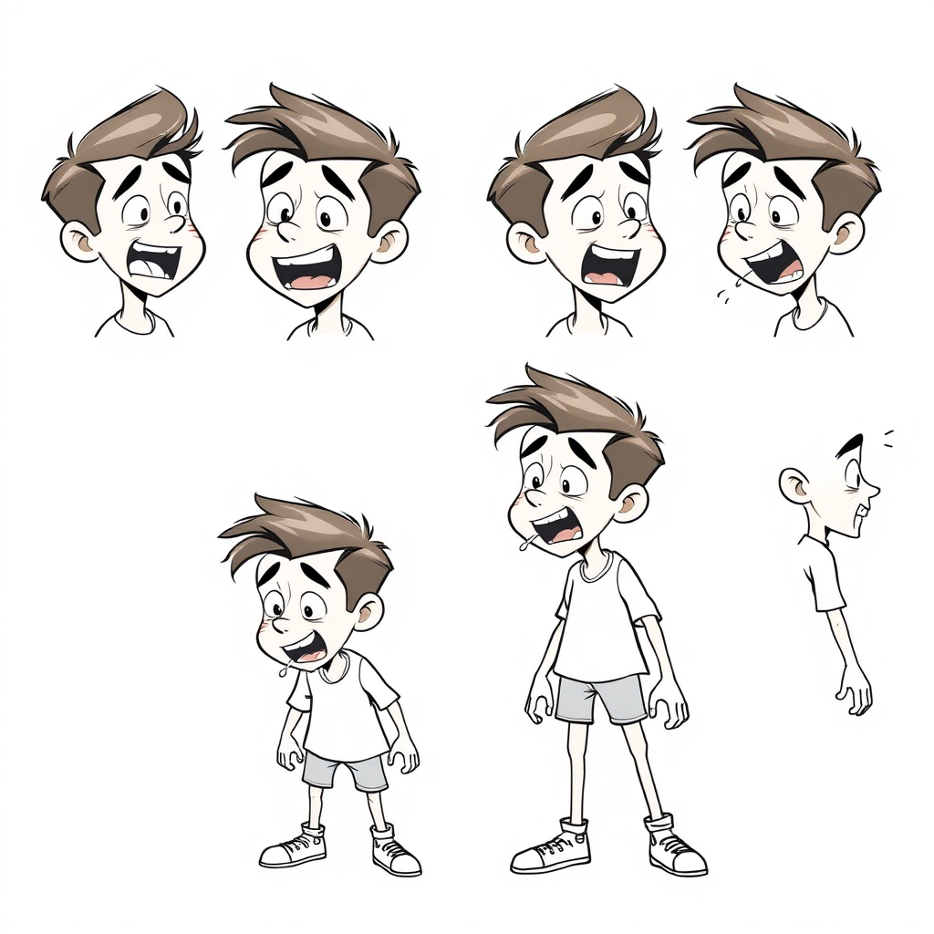 multiple views with progression, character design sheet, short, excited, smiling, loathing, open mouth, sweating, 15 year old european boy, drooling, detailed features, long establishing shot, 2D, caricature, cartoon, Sketch lines, coloring book, coloring book style on white background, well composed, clean coloring book page, No dither, no gradient, strong outline, No fill, No solids, vector illustration, side view, vector illustration, empty space around each view, movement lines