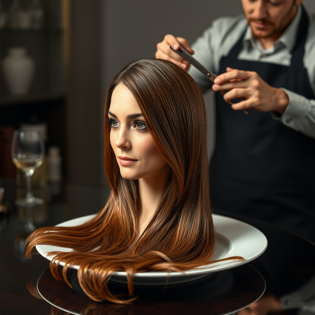 In a bizarre, surreal tableau, the polished surface of an elegant dining plate cradles the disembodied head of a strikingly beautiful Kate Middleton, her long, flowing hair cascading like a glossy waterfall of deep chestnut and honey highlights. The hair is luxuriously arranged, strands shimmering under the soft, ambient light that bathes the scene in an ethereal glow.

A skilled hairdresser, clad in a sleek black apron, stands poised with a pair of gleaming scissors, carefully trimming the endlessly luxurious locks that frame Kate's serene, almost ethereal features. The air is thick with the scent of salon products mingling with delicate hints of floral fragrances, creating an unusual yet strangely inviting atmosphere. The hairdresser's focused expression reveals a meticulous dedication as snippets of hair fall gracefully onto the pristine plate, echoing a sense of both artistry and absurdity.

The overall emotional tone conveys a dreamlike quality, inviting viewers to ponder the juxtaposition of beauty, identity, and the bizarre circumstances that bind them in this extraordinary moment.