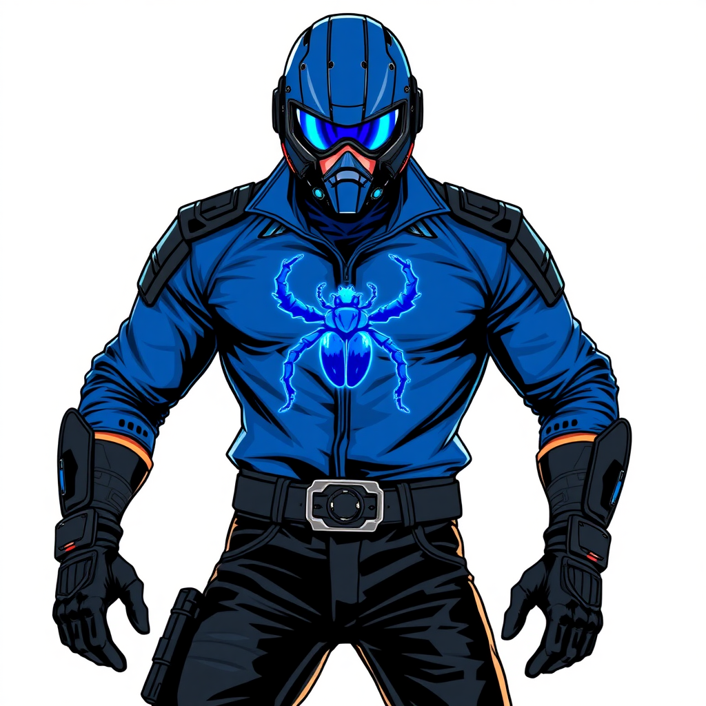 A 28-year-old hi-tech cyberpunk vigilante stands heroically, clad in hi-tech, maximum blue leather shirt featuring a neon blue beetle on the chest. He wears black biker pants, a black belt with a sapphire beetle buckle, and a helmet resembling a sleek, tactical design, but colored maximum blue with neon blue lenses. Their hands are protected by black hi-tech gloves, all set against a solid white background. He is drawn as if he was in a retro 2D cyberpunk fighting game.