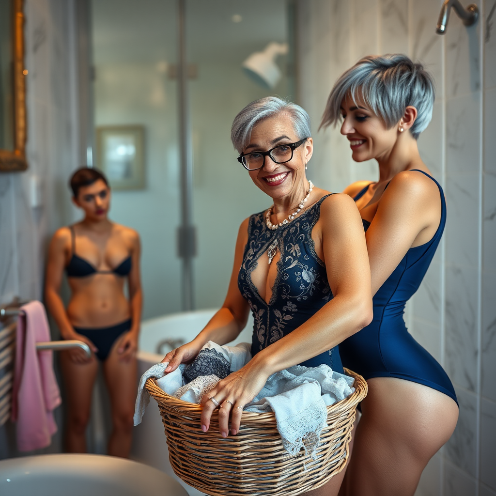 In the bathroom, an amazed 20-year-old European skinny pool boy is rummaging in a basket full of lingerie while being watched from a distance by a gorgeous 45-year-old European Latina with a sharp aquiline nose, wrinkles, high cheekbones, Middle Eastern features, skinny physique, tanned skin, rounded medium breasts, skinny thighs, big rounded ass, full makeup, jewelry, and a serious expression. She has a sharp nose, is shocked, smiling, blushing, with an open mouth, appearing horny. Her ash-colored hair is styled in a short bowl haircut, slicked back, and she has brown eyes and glasses, with detailed features. She is wearing a navy blue embroidered leotard made of detailed fabric. The scene is a landscape-wide shot, in focus.