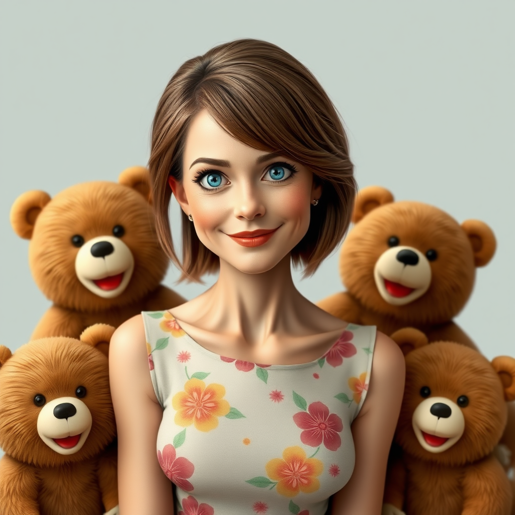 middle-aged woman, brown hair, blue eyes, slim, small, wearing a flower-pattern dress, surrounded by happy bears.