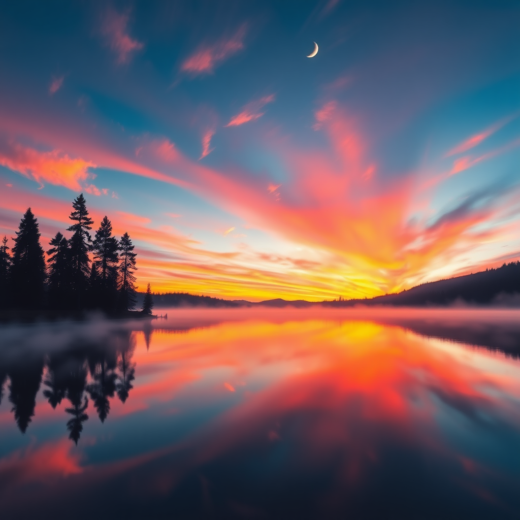 Majestic early morning scene by a tranquil lake, showcasing a captivating sunrise with vibrant hues of deep orange, warm pink, and serene blue blending into the sky. The water reflects this breathtaking palette, creating a mirror-like effect, emphasizing the calmness of the scene. Silhouettes of tall pine trees line the left side, their dark shapes contrasting against the colorful sky. Wisps of clouds add texture and depth, while a crescent moon hangs in the sky, enhancing the tranquil atmosphere. Mist hovers over the water, softening the landscape and adding a layer of mystery to the serene view. Capture this image in hyperrealistic style, focusing on the interplay of light and color, with sharp details in the reflections and textures of the scenery.