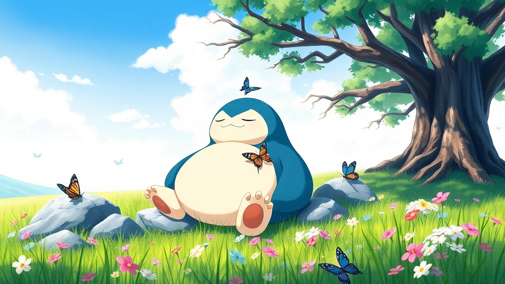 A digital watercolor illustration depicts a serene and relaxing scene set in a lush meadow under a bright blue sky with scattered white clouds. The central figure is Snorlax, a large, blue and white Pokémon character with a round body, closed eyes, and a content expression, sitting comfortably among rocks in a vibrant green grassy field. Snorlax's body is curved, and it rests its head on one of the gray rocks, with sunlight creating shadows on its rounded belly. Its arms and legs are spread out, with lighter beige fur visible on its paws. The meadow is scattered with small, colorful flowers in shades of pink, purple, and blue, creating a tapestry of colors across the landscape. Several butterflies of various sizes and colors, including blue, yellow, pink, and light green, are seen fluttering around Snorlax and resting on the rocks and grass. One butterfly is perched on Snorlax's head, while another is on its belly. The background features two large trees with thick, dark brown trunks and branches extending overhead, their leaves depicted in various shades of forest green, creating a canopy of shade. The sky above is clear and light blue, with soft, white clouds. The scene is brightly lit by natural sunlight, casting soft shadows and highlighting the vibrant colors of the landscape. The overall mood is peaceful and idyllic, enhanced by the high contrast, saturation, luminance, and the balanced exposure of the image. The composition follows the rule of thirds, with Snorlax placed slightly off-center to the left, creating a harmonious and visually appealing image that captures the essence of a tranquil moment in nature.