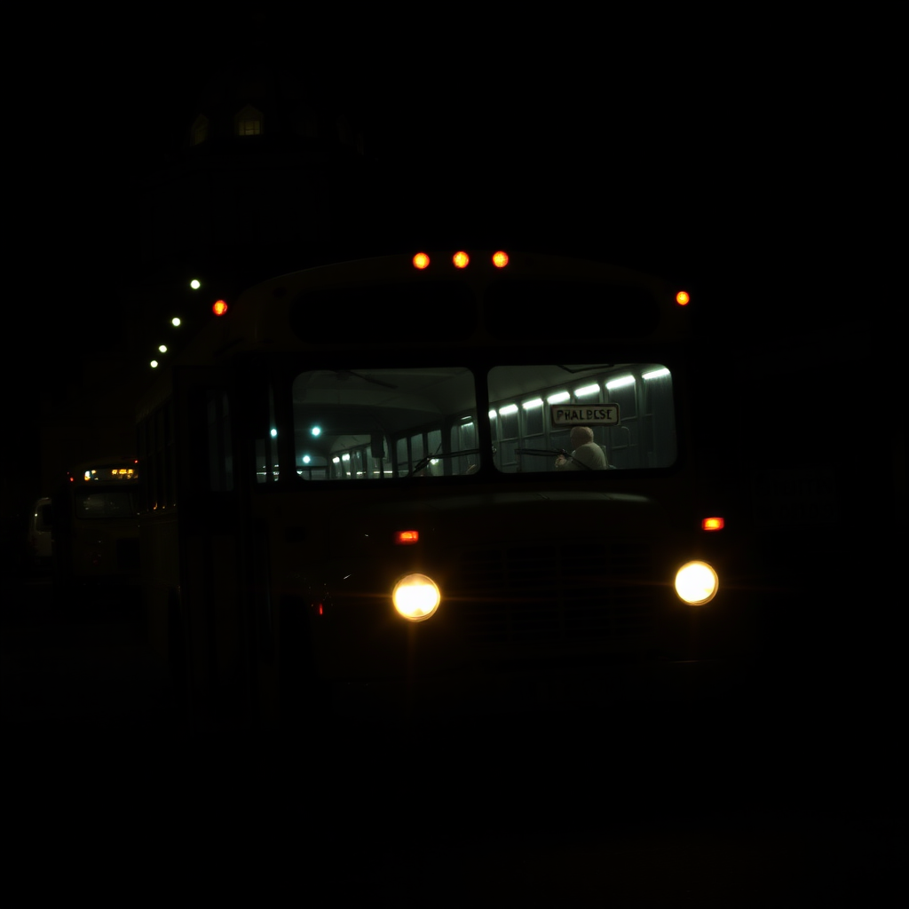 the glancing headlights of the last bus