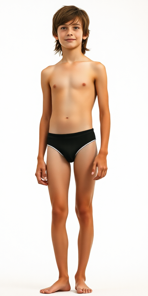 A skinny 14yo teen boy, long hairs bow cut, wearing thin speedo, long legs, narrow thighs. full-length view. 1970s. photorealistic, ultra high resolution, 16K, Negative: grainy, blurry, bad anatomy, extra limbs, watermark.