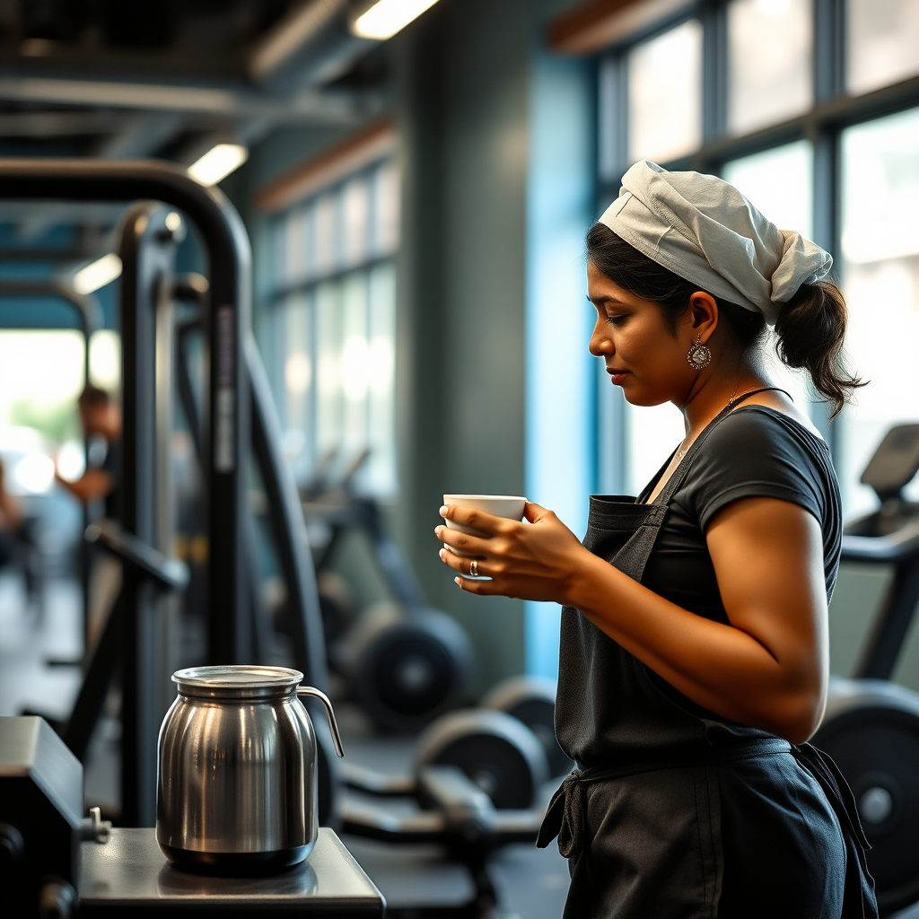 South Indian maid, serving coffee in gym