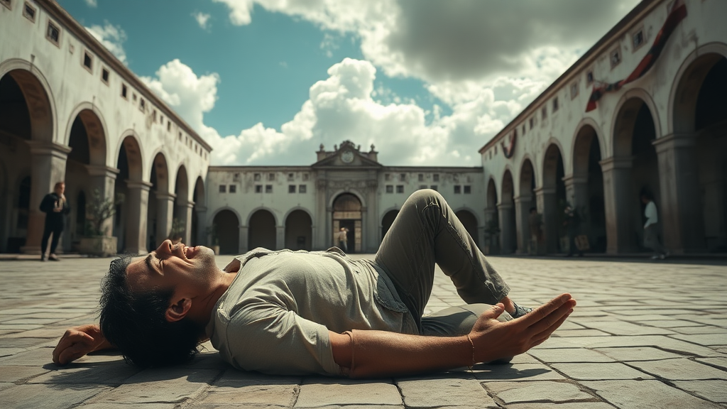 Miguel collapsing to his knees in an open courtyard, his face contorted in anguish as ghostly voices scream for freedom and justice.