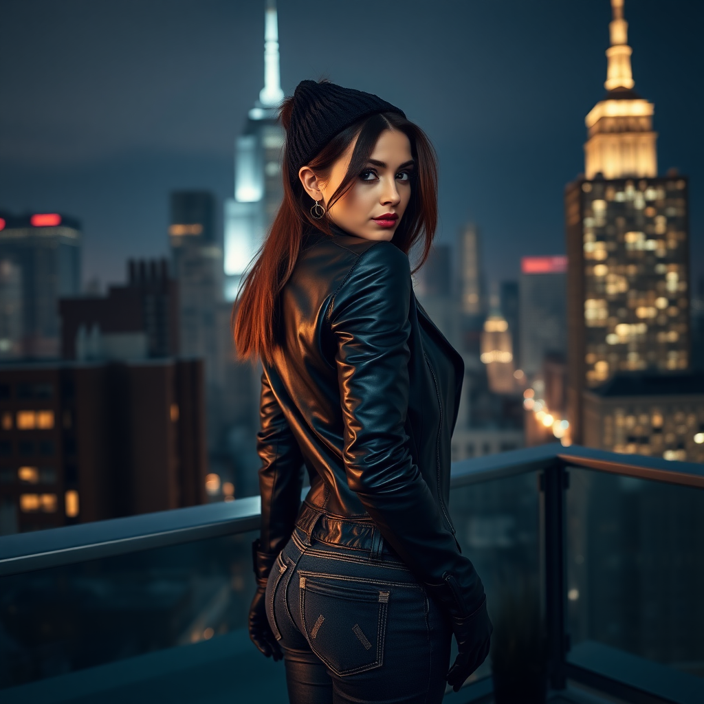 A beautiful and hot thief girl in black leather jacket with black jeans and gloves posing with her back turned on a Manhattan penthouse at night.