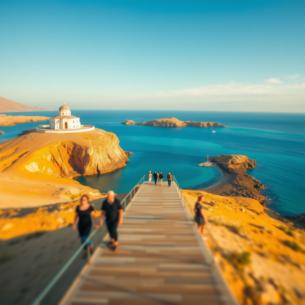 wooden boardwalk, blurred pedestrians, warm lighting, centered subject, eye-level shot, shallow depth of field, atop a floating sky island, low key lighting, Rectangular (Tetradic) color palette, broad light Pastel art by Frida Kahlo, Paul Andreu, Catalan Modernism, Brutalism, Danish Modernism, viking revival, collegiate gothic, Ocean House, built on a sandbar in a lagoon, Mobile home, kevlar, School, victorian, cape cod, The image is an aerial view of a desert landscape with a large body of water in the center. The water is a beautiful turquoise color and is surrounded by rocky cliffs and cliffs. On the left side of the image, there is a small white building with a dome on top, which appears to be a church or a temple. The building is located on a cliff overlooking the water. The sky is blue and there are a few clouds in the distance. The ground is covered in orange and yellow hues, indicating that the photo was taken during the day. There are also a few small boats on the water near the cliff. The overall color palette of the landscape is warm and earthy, with shades of orange, yellow, and brown.